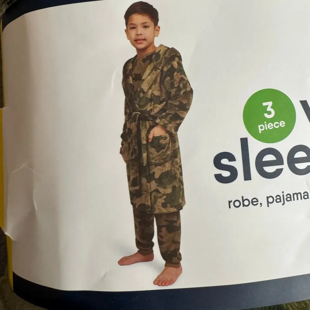 Lands End 3‎ Piece Youth Sleep Set Size S 7/8 Camouflage Pajamas Robe Top Bottom